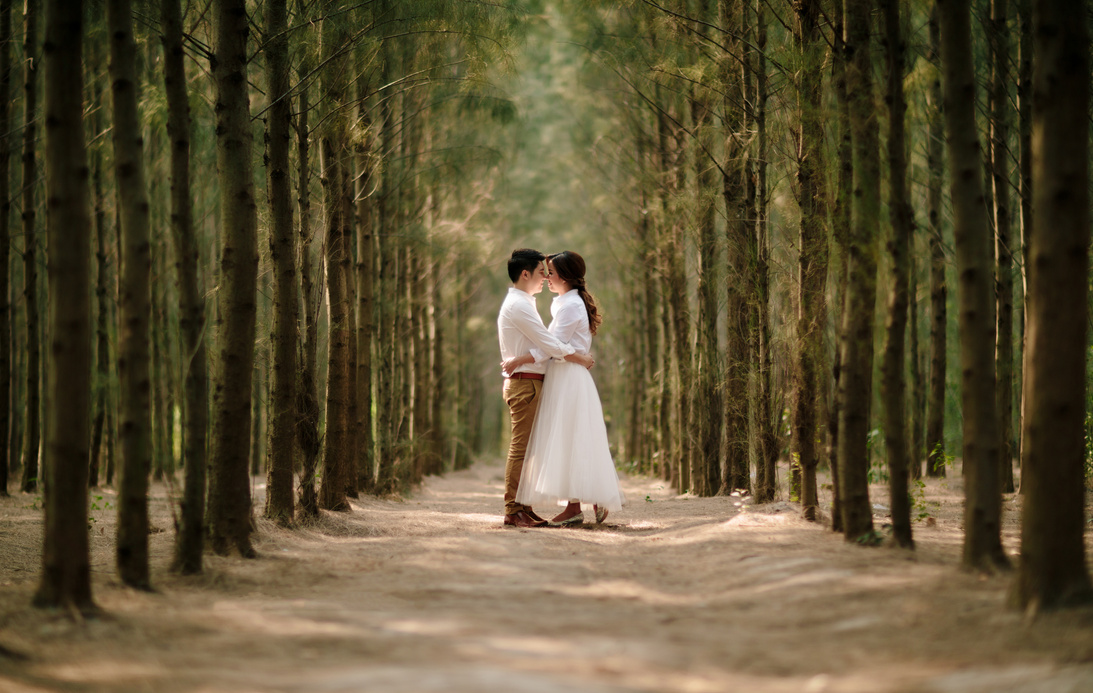 Young asian groom and bride posing and smiling for pre-wedding shot